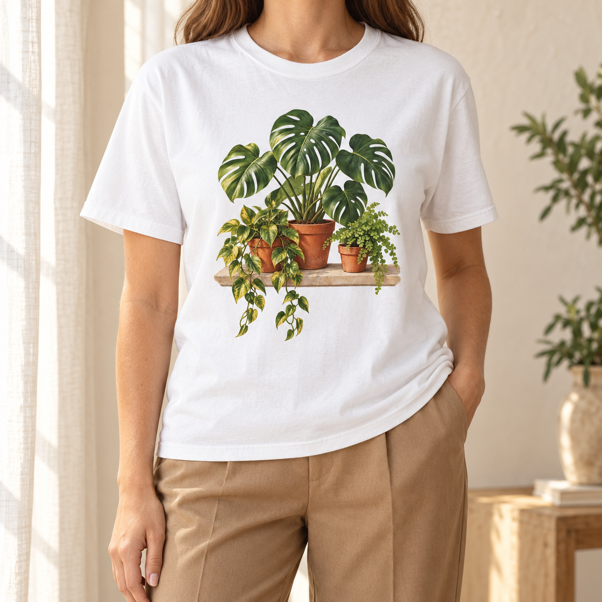 Houseplant t-shirt in White worn in soft daylight – a watercolor monstera, trailing golden pothos and fern in terracotta pots on a wooden shelf, printed on a garment-dyed Comfort Colors cotton tee
