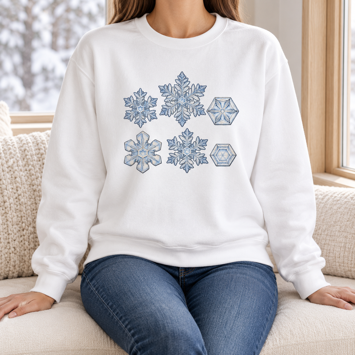 Snowflake Study Sweatshirt in White - six watercolor snow crystals with ink edges on a white Comfort Colors crewneck, worn by a woman