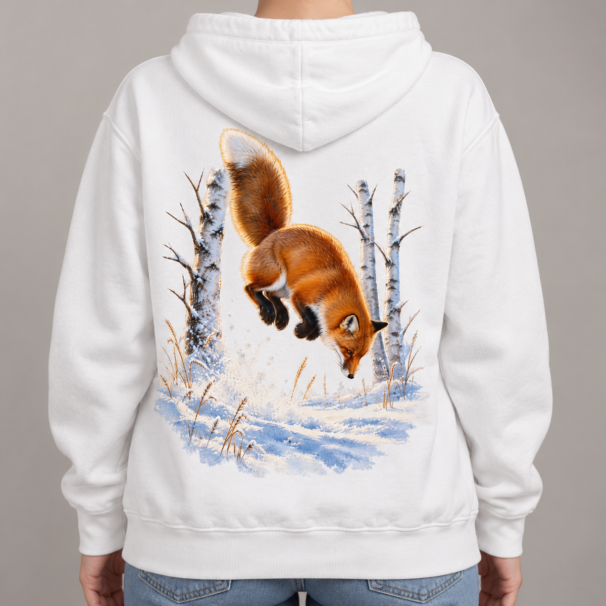 Red Fox Pounce hoodie in White, back view of the red fox pouncing in snow