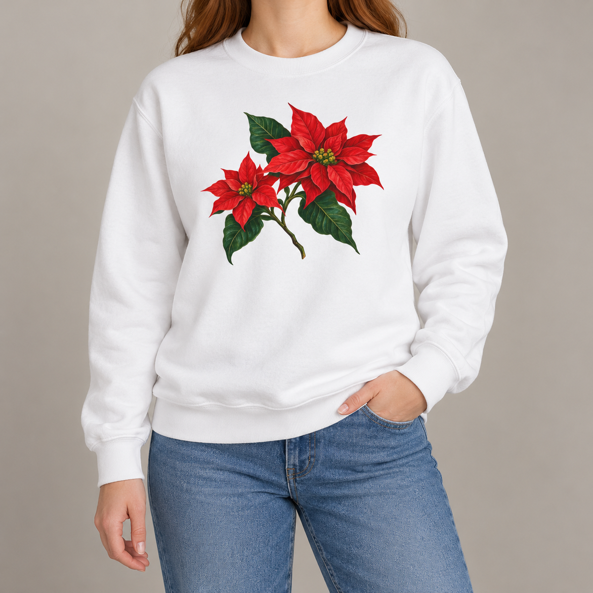 Poinsettia sweatshirt in White worn, red poinsettia sprig with green leaves