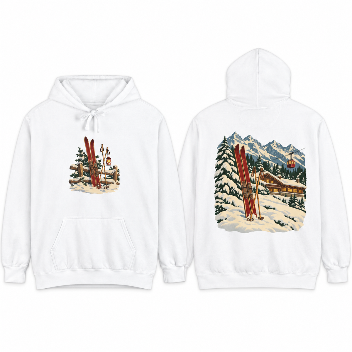 Vintage Ski Lodge hoodie in White, front and back prints side by side