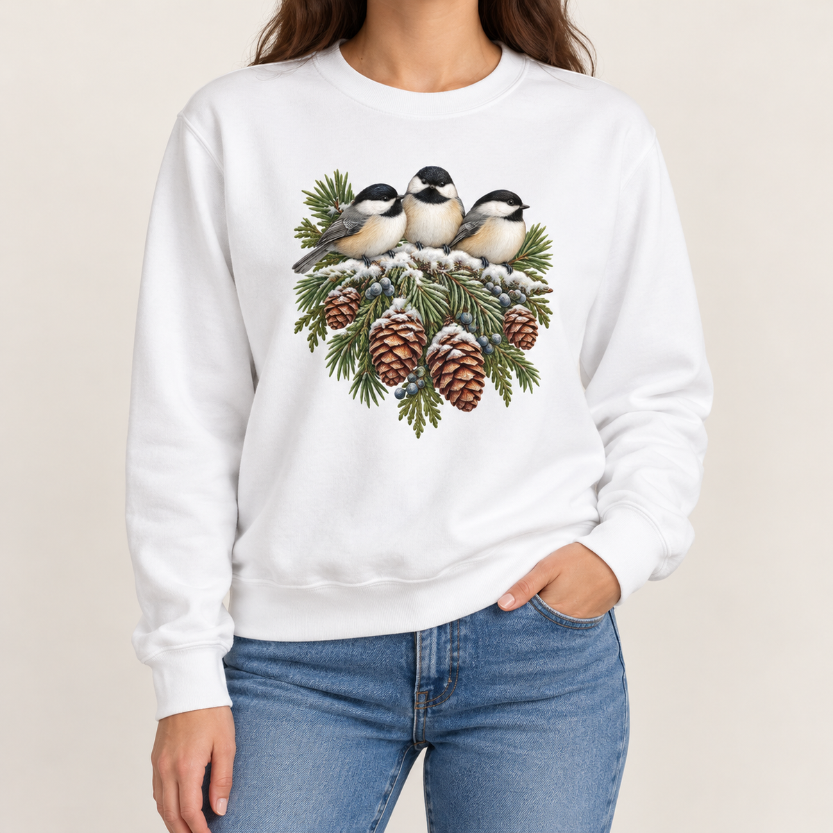 White chickadee winter sweatshirt - three chickadees on snow-dusted pinecones, printed on garment-dyed fleece