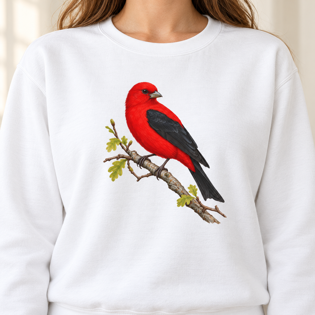 Scarlet Tanager sweatshirt in White — red bird with black wings on a spring oak branch, garment-dyed Comfort Colors crewneck