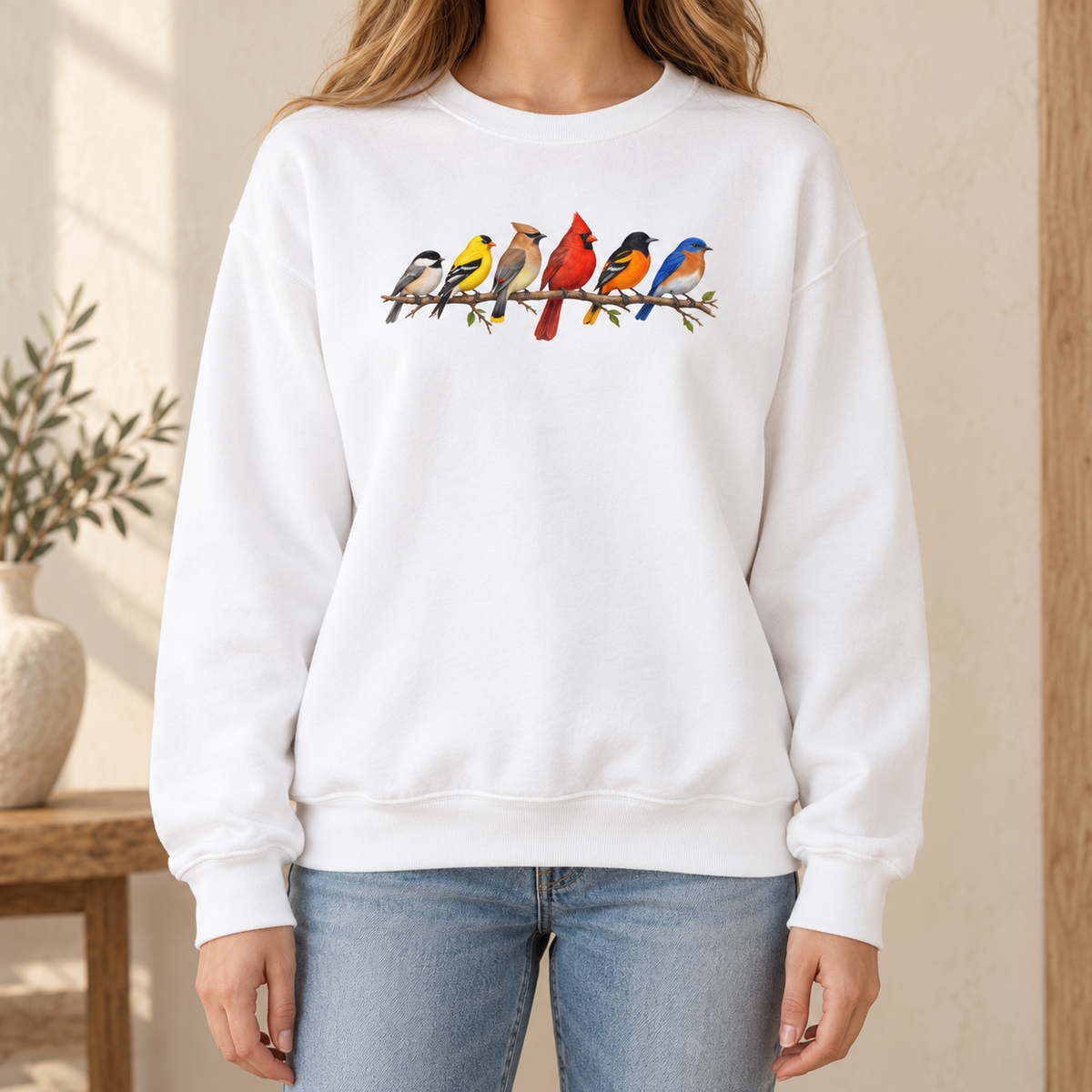 Colorful Birds on Branches sweatshirt in White — six painted songbirds on one branch: chickadee, goldfinch, cedar waxwing, northern cardinal, Baltimore oriole and eastern bluebird, on a garment-dyed Comfort Colors crewneck
