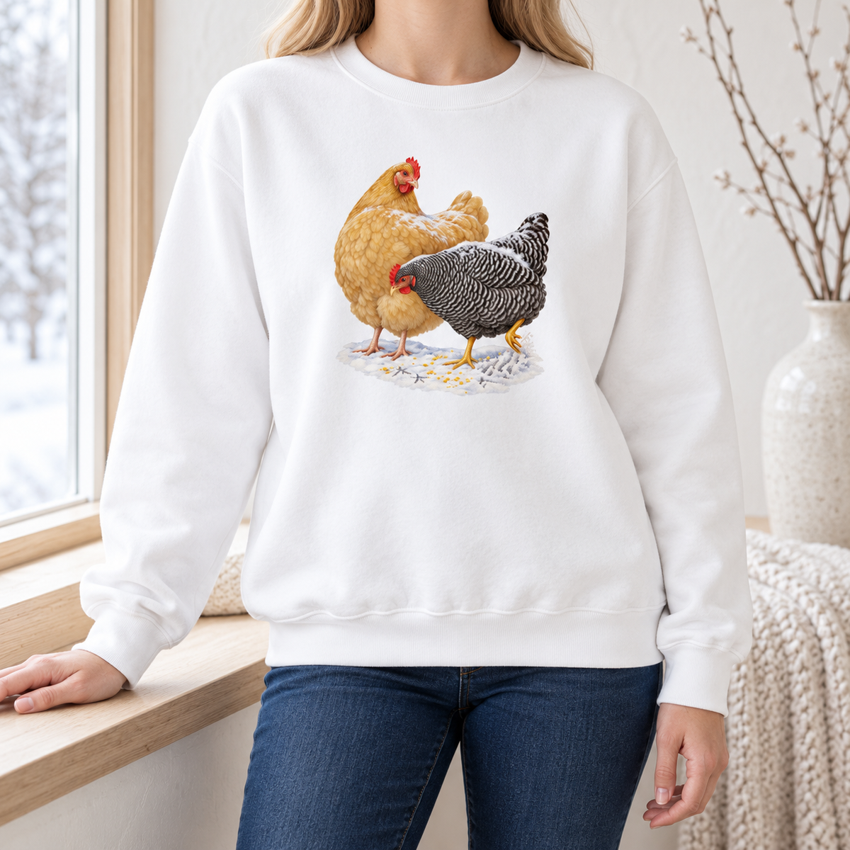 Winter hens sweatshirt in White worn by a woman – snow-dusted hens and scattered corn on a garment-dyed Comfort Colors crewneck