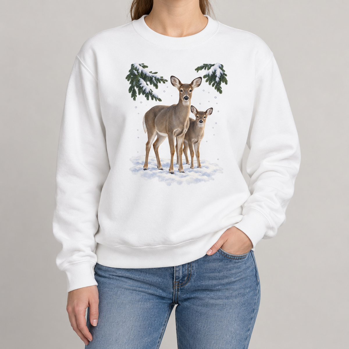Winter Deer sweatshirt in White, worn, doe and fawn in the snow print