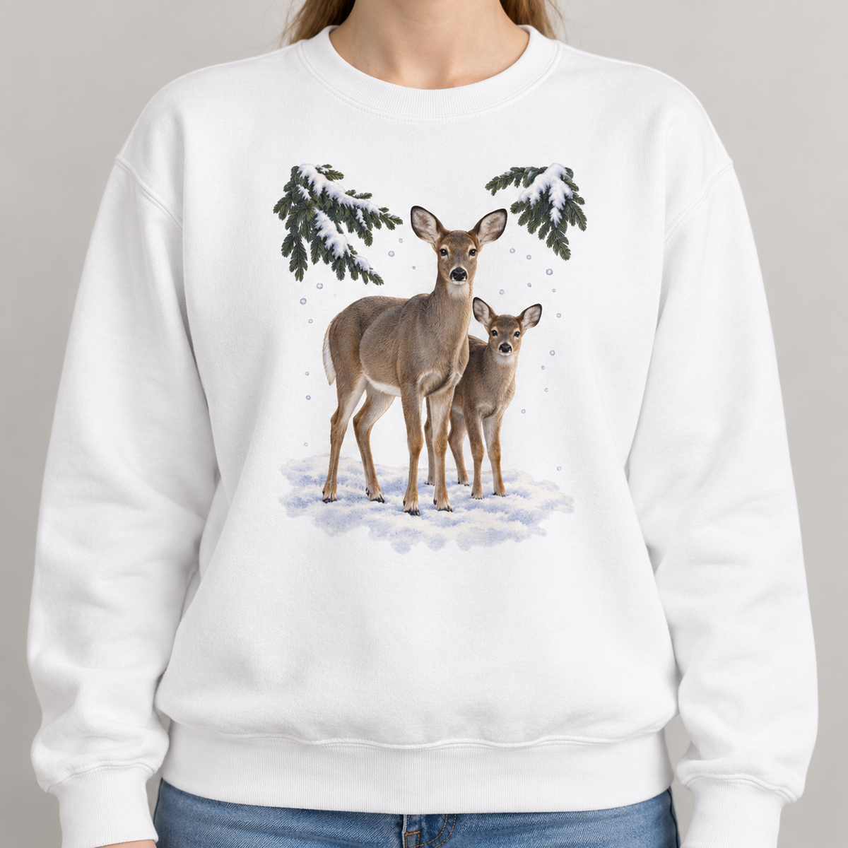Winter Deer sweatshirt in White, doe and fawn in the snow watercolor print