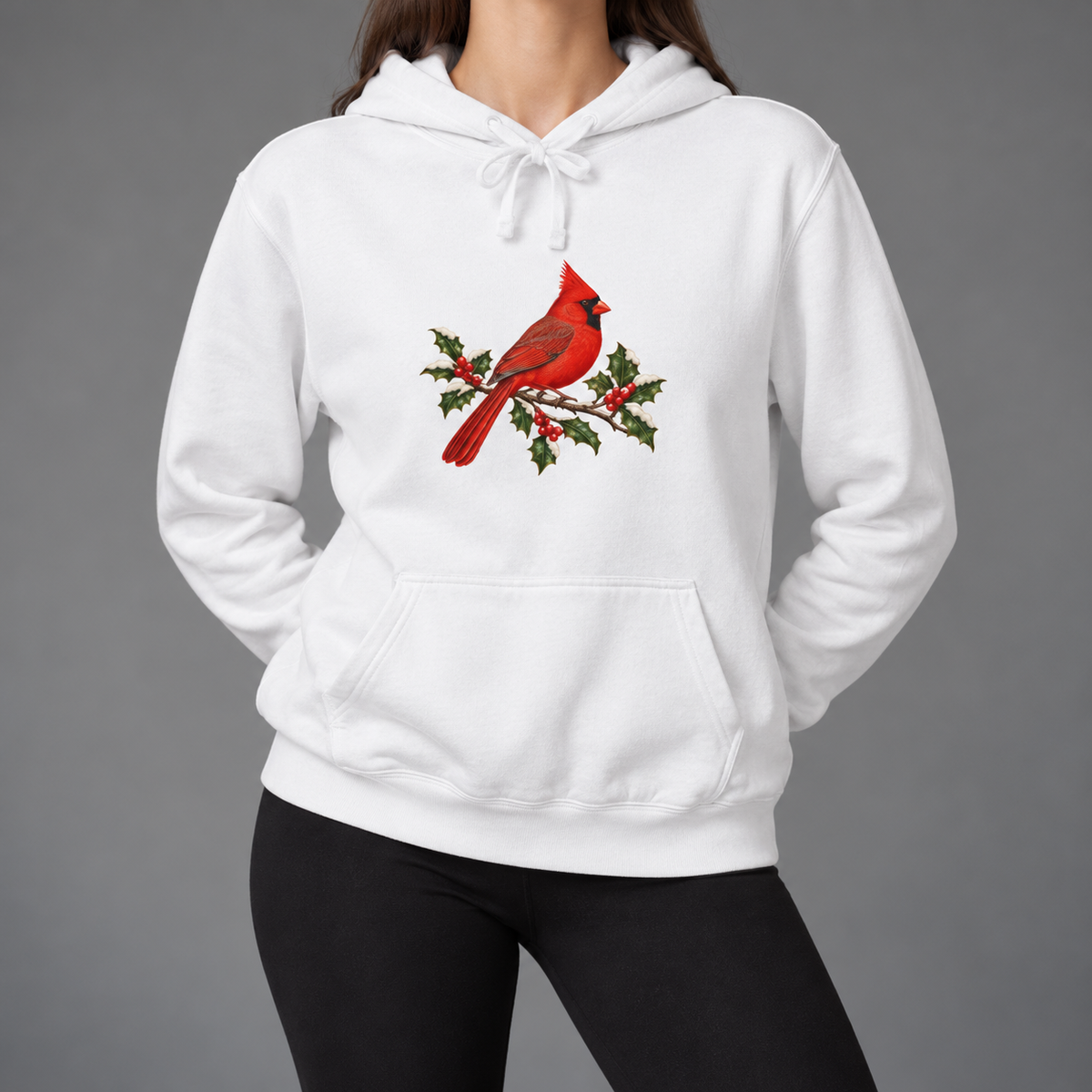 Winter Cardinal hoodie in White worn, close view of the cardinal front print