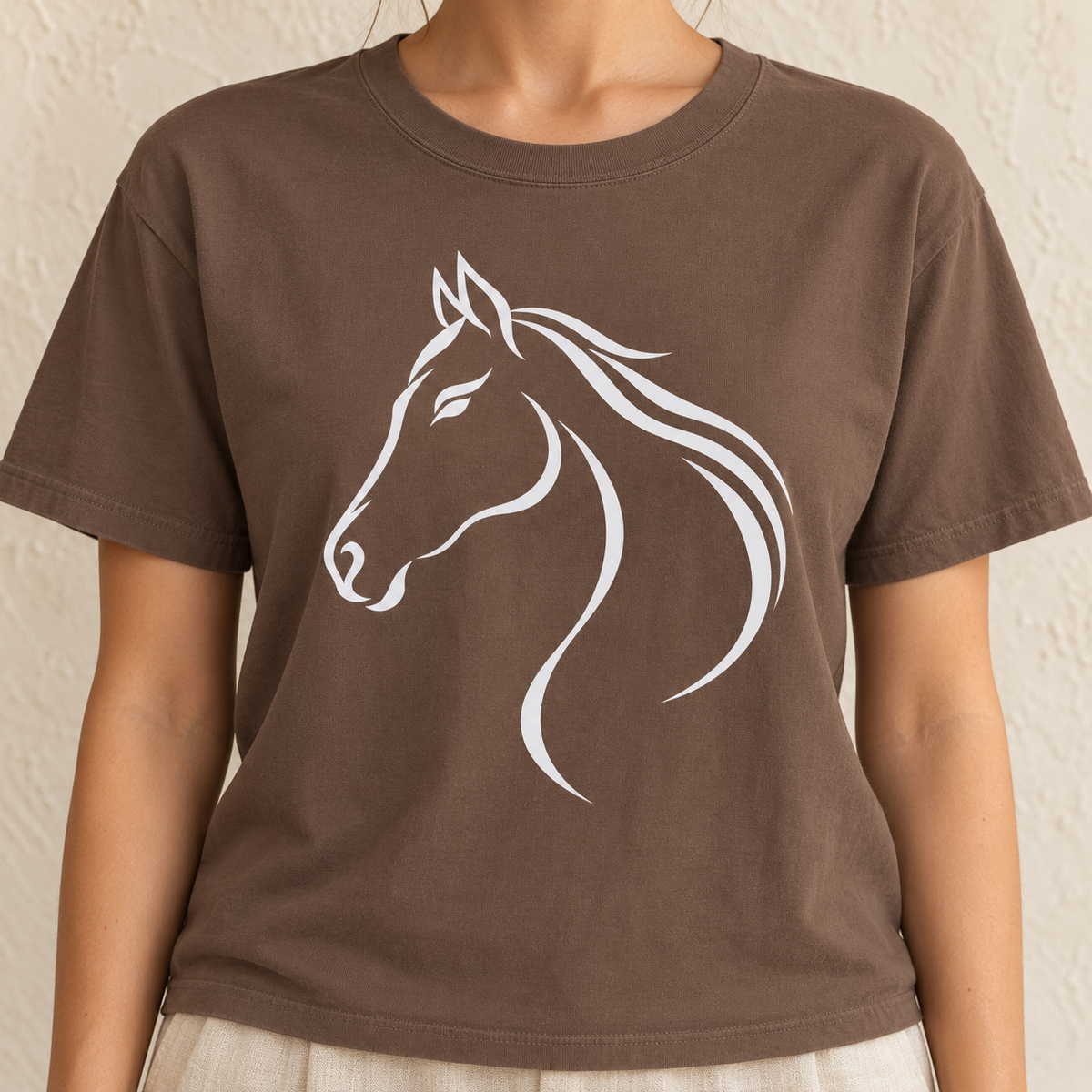 Flowing White Horse Profile T-Shirt in Espresso - white line-art horse head on a deep brown garment-dyed tee