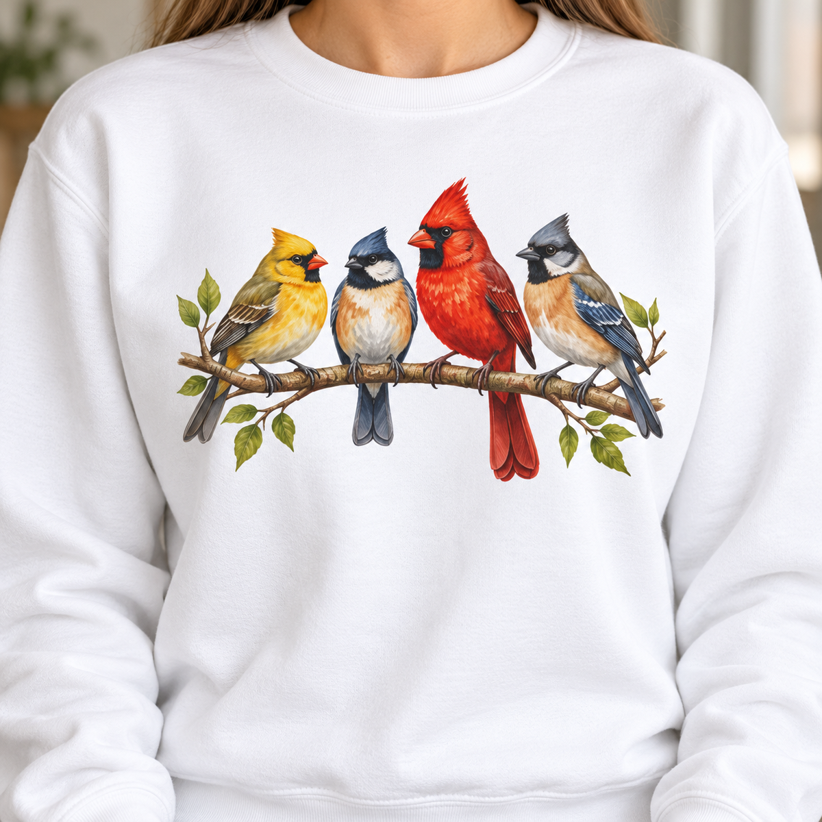 Close-up of the four songbirds print on a White Comfort Colors sweatshirt - a cardinal pair, a chickadee and a bluebird on a leafy branch