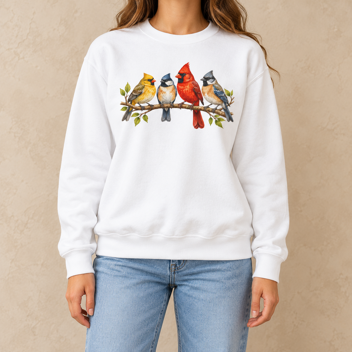 Four Colorful Songbirds on a Leafy Branch Sweatshirt in White - four watercolor songbirds on a white garment-dyed crewneck