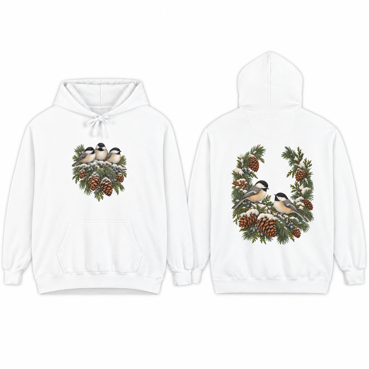 Winter Chickadee hoodie in White, front and back prints side by side