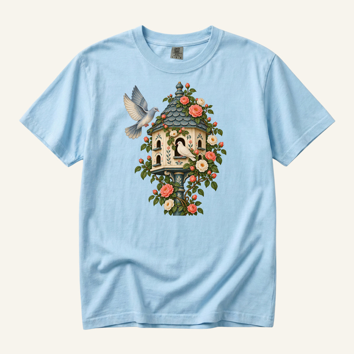 Whoever Gets There First T-Shirt in Chambray — a light backdrop separating the darker leaves and cool roof tones