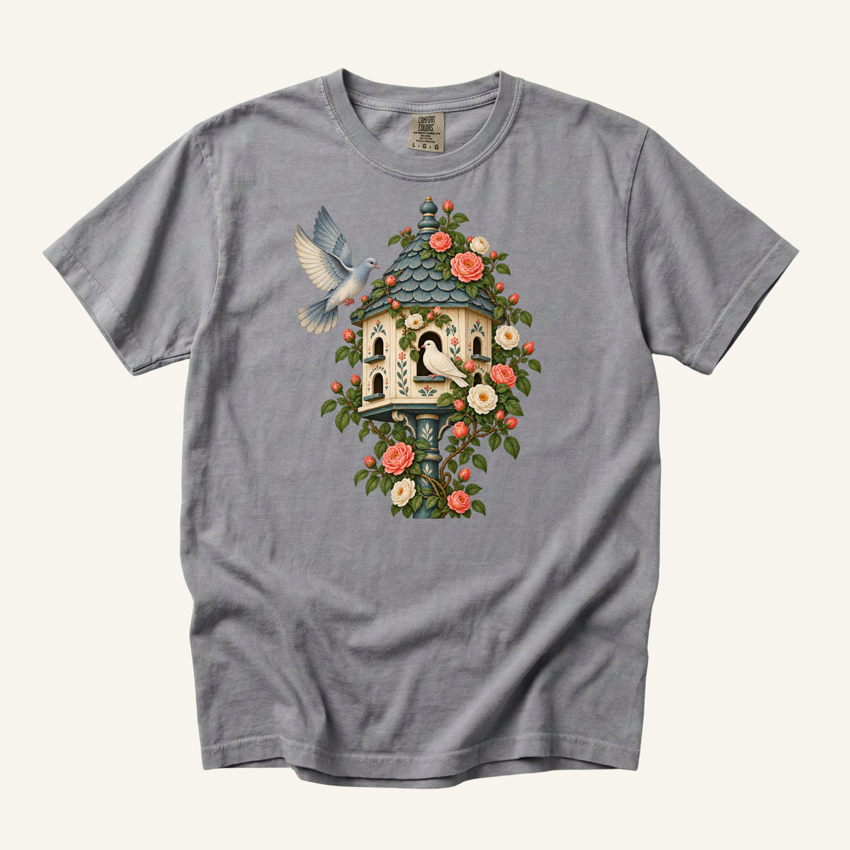 Whoever Gets There First T-Shirt in Grey — a restrained neutral letting the roses lead