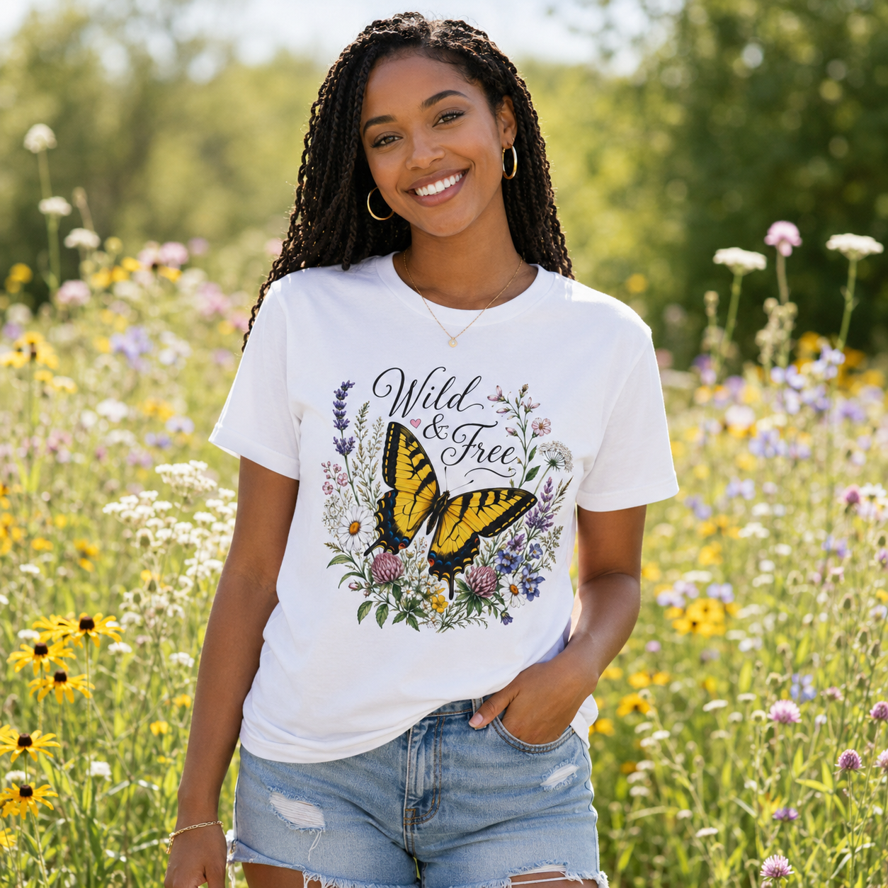 Wild and Free butterfly shirt on model