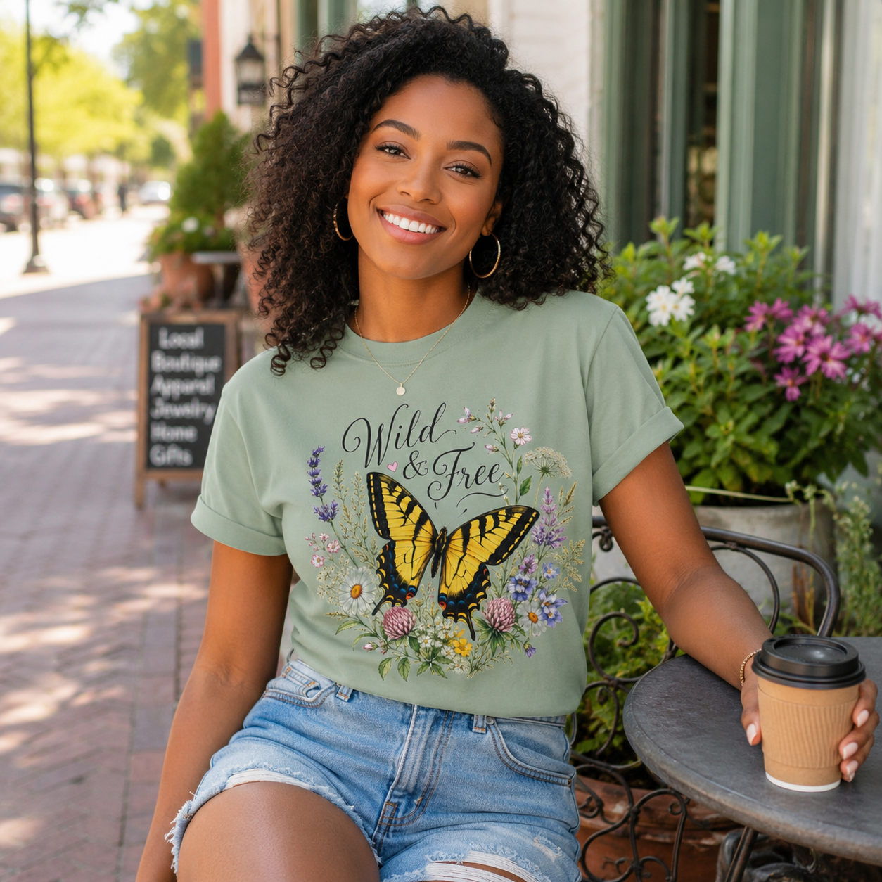 Wild and Free butterfly wildflower tee front view