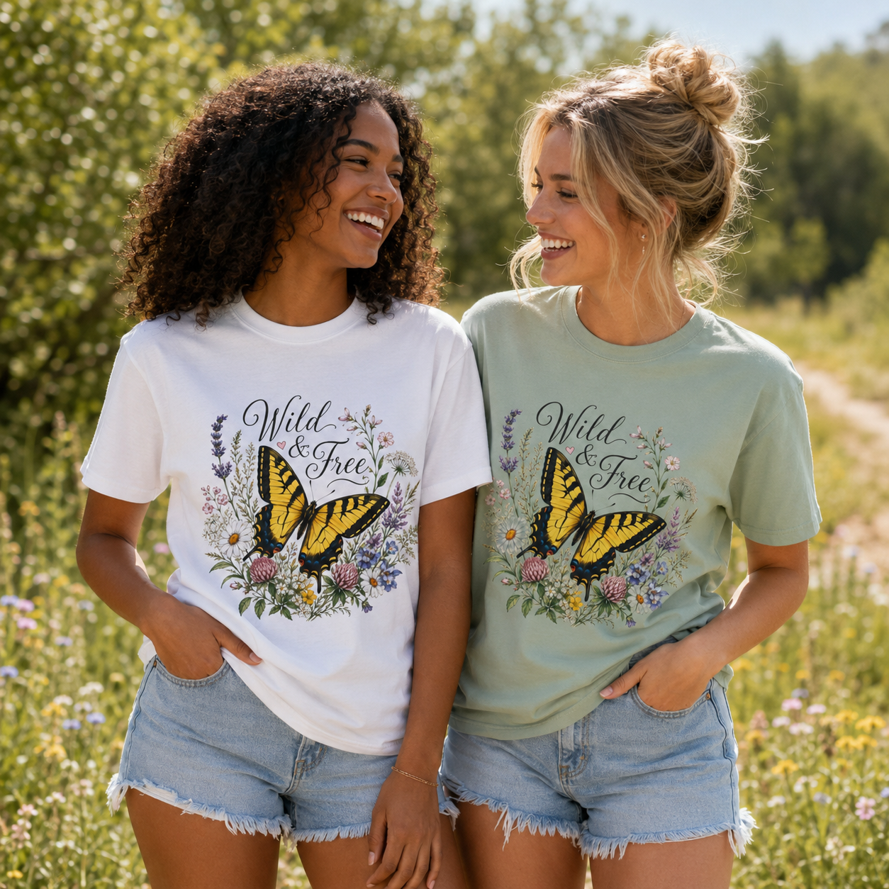 Wild and Free butterfly tee branded slide