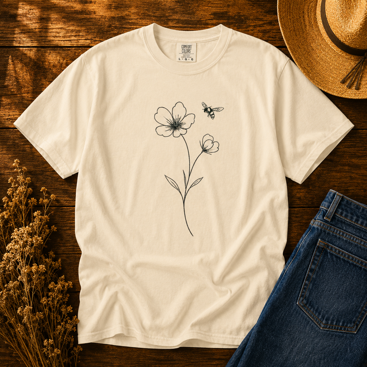 Wildflower Bee Line Art Tee