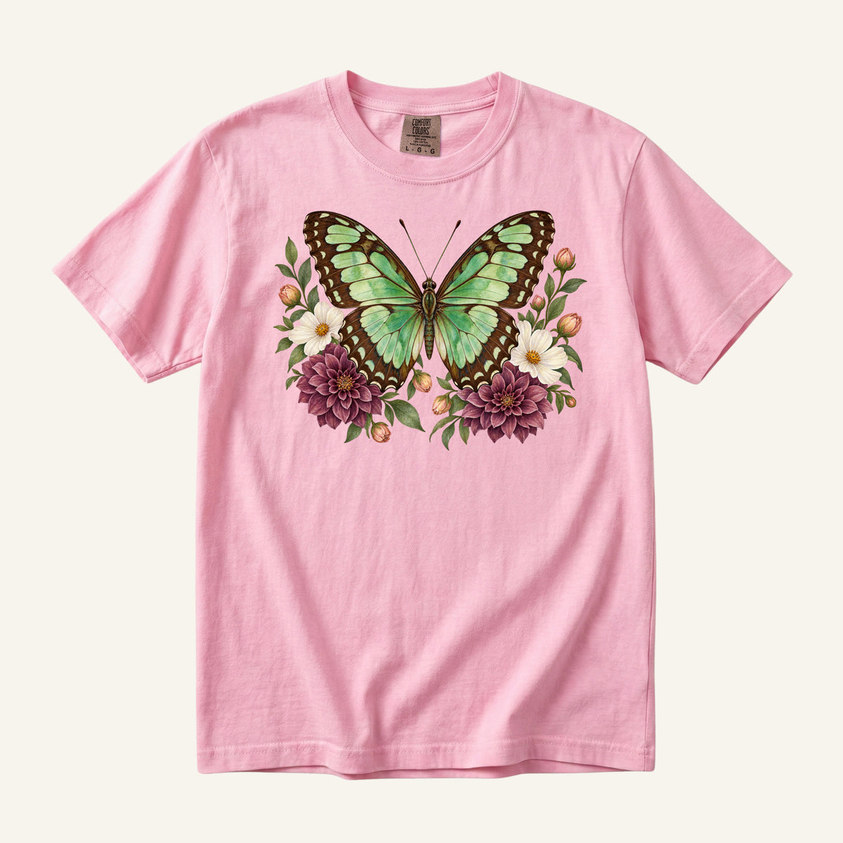 Butterfly Graphic Tee in Blossom — mint-green butterfly botanical design on heavyweight garment-dyed cotton