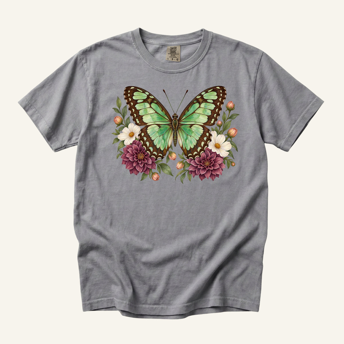Butterfly Graphic Tee in Grey — vintage-style green butterfly with plum dahlias and peach buds