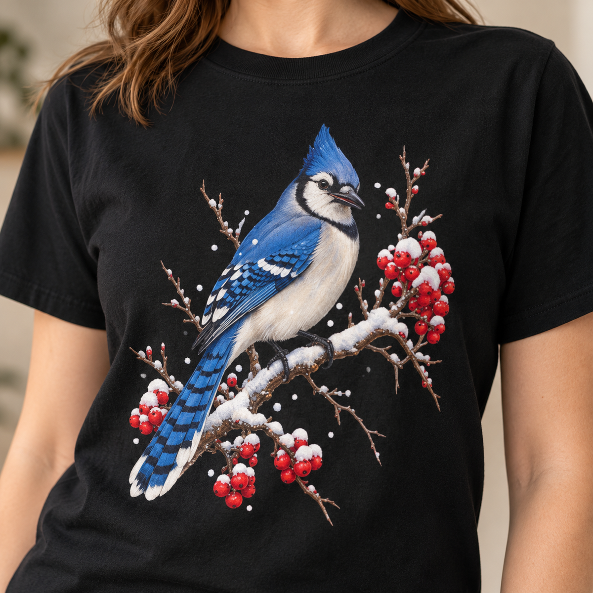 Winter blue jay bird on a black t-shirt – snow-capped winterberry branch print, garment-dyed Comfort Colors crew neck