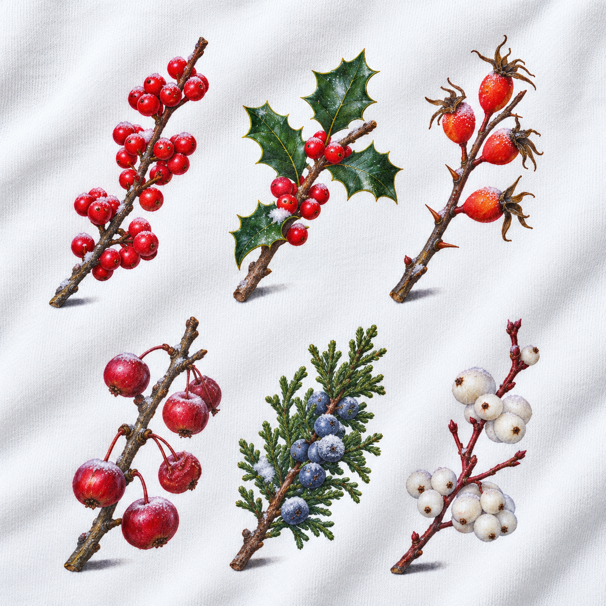 Close-up of the winter berries study print on a White Comfort Colors crewneck - winterberry, holly, rose hips, crabapple, juniper and snowberry sprigs with frost