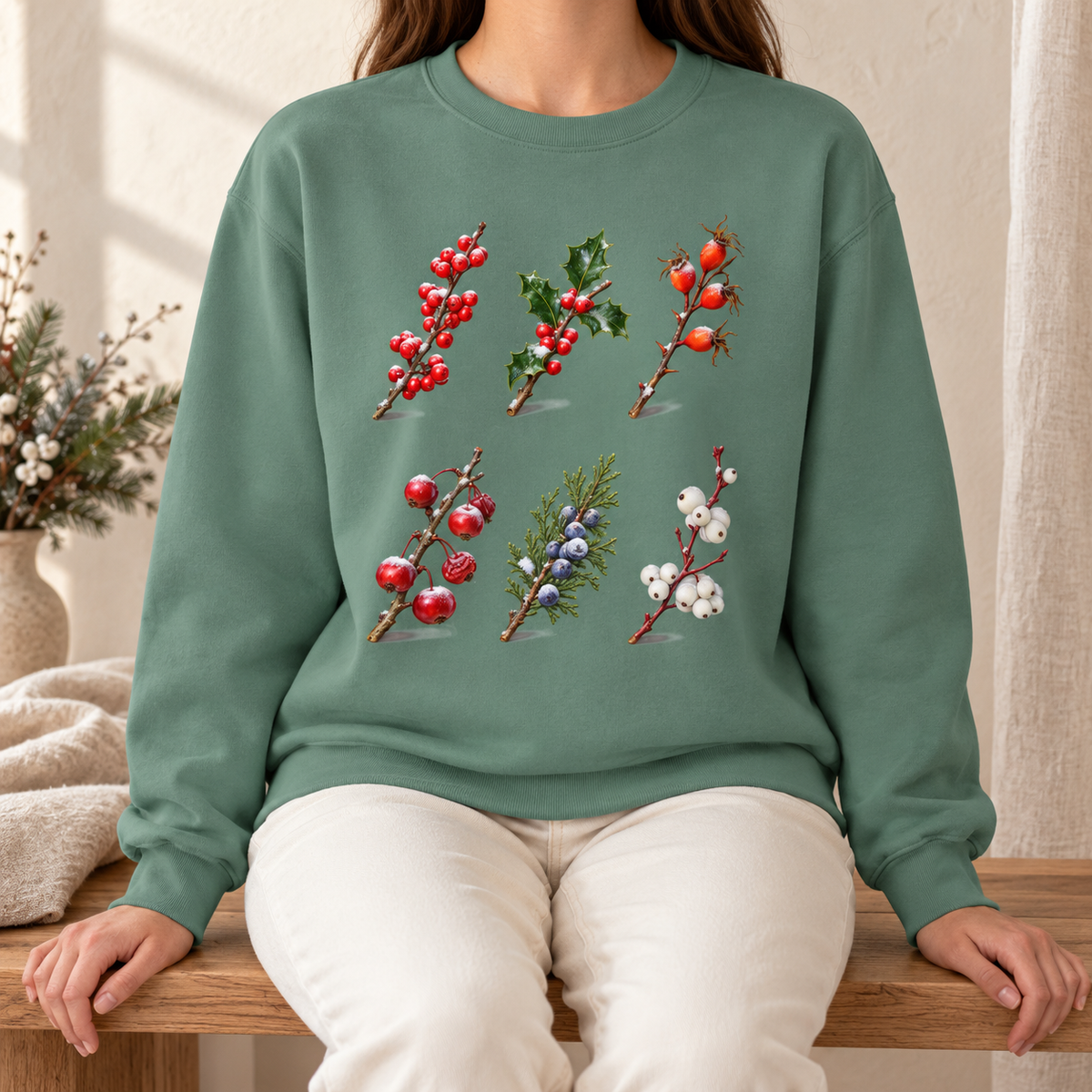 Winter Berries Study Sweatshirt in Light Green - six watercolor berry sprigs with frost laid out like a botanical plate, printed on a garment-dyed Comfort Colors 1566 crewneck