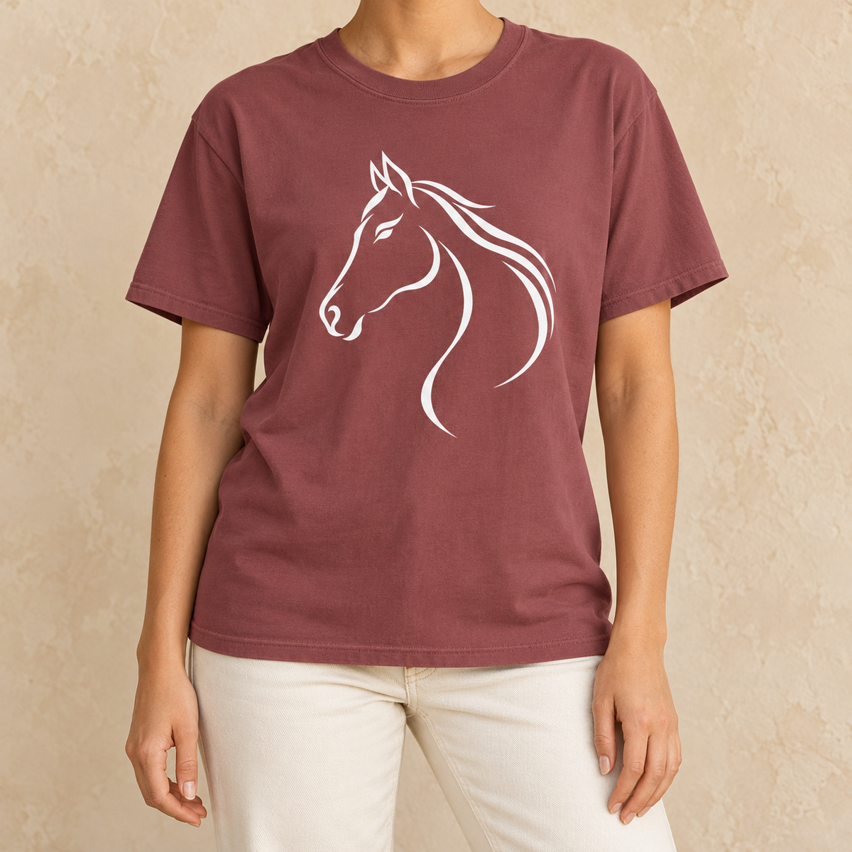 Flowing White Horse Profile T-Shirt in Brick - white line-art horse head on a dusty rust Comfort Colors tee