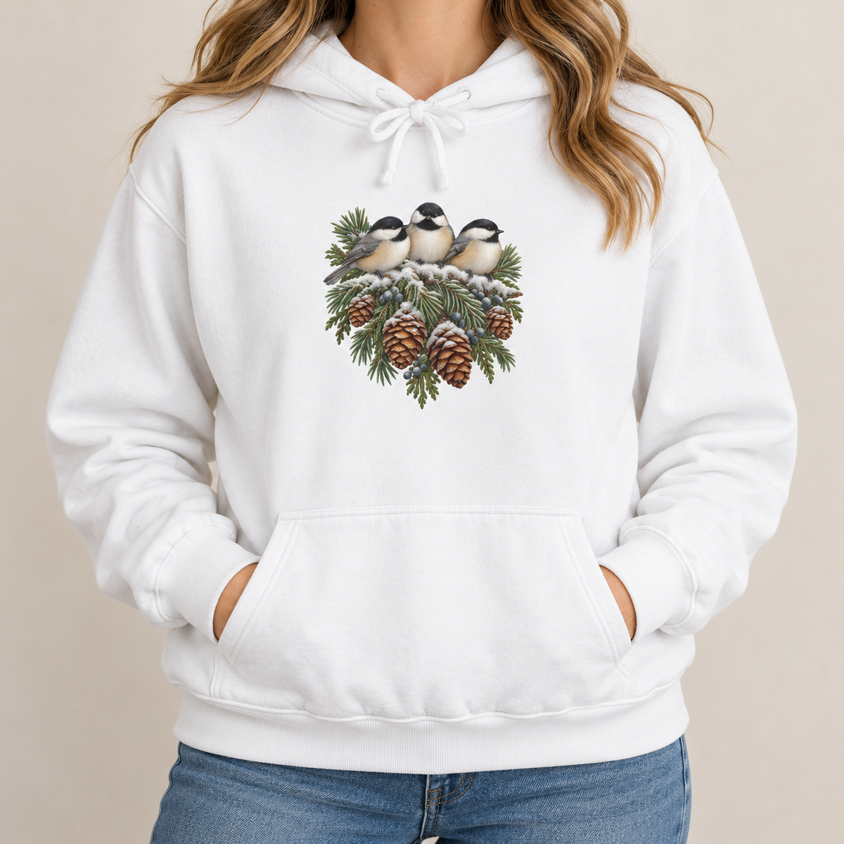 Winter Chickadee hoodie in White worn, close view of the three-chickadee front print