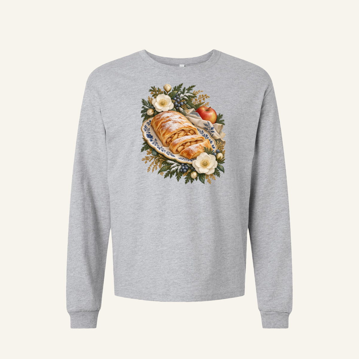 Apple strudel and winter florals long sleeve tee in Athletic Heather - a light flecked neutral with the gold, blue and green of the artwork carrying the design