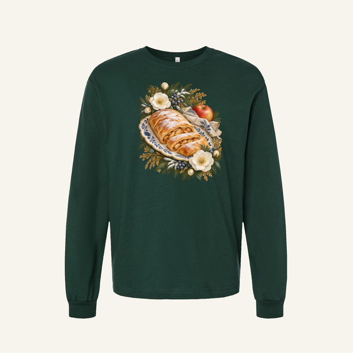 Apple strudel and winter florals long sleeve tee in Forest - a deep green ground running with the evergreen sprigs while the cream flowers stay separate