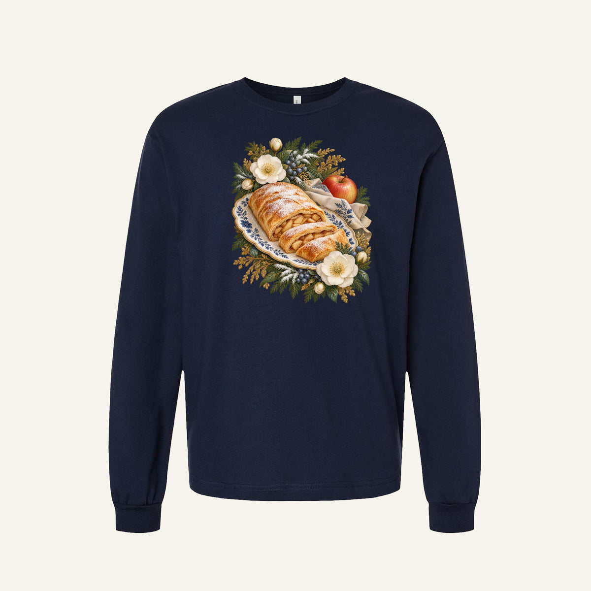 Apple strudel and winter florals long sleeve tee in Navy - a dark ground picking up the blue of the plate pattern against the golden pastry