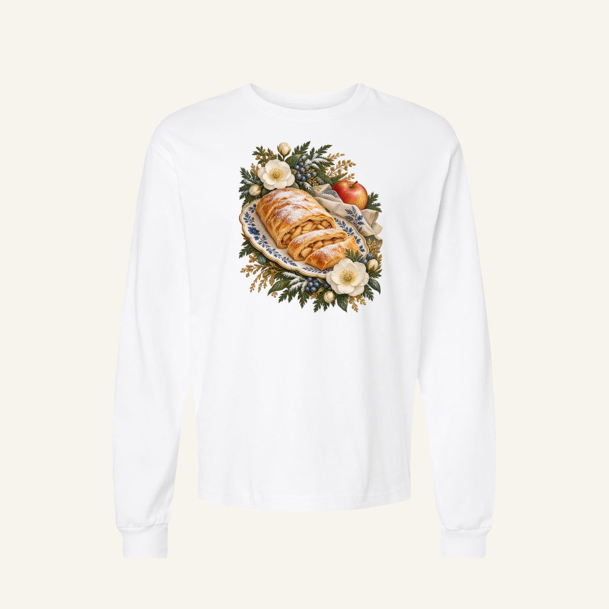 Apple strudel and winter florals long sleeve tee in White - the blue plate pattern, the gold crust and the evergreen each reading separately against a pale ground