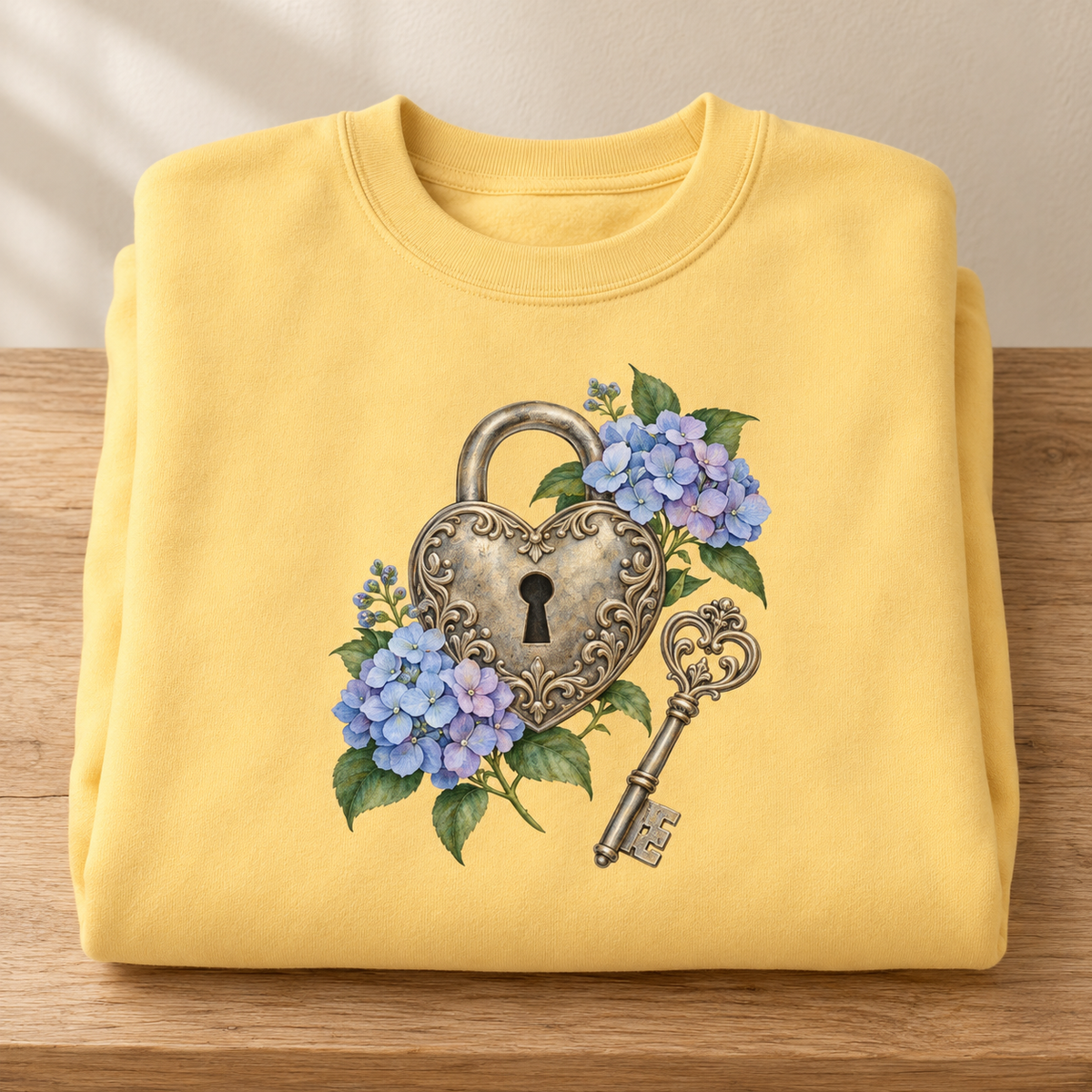 Detailed watercolor of a silver filigree heart padlock and skeleton key among blue and purple hydrangeas, printed large and centered on the front of a Butter soft yellow 9.5 oz garment-dyed Comfort Colors 1566 sweatshirt, shown flat