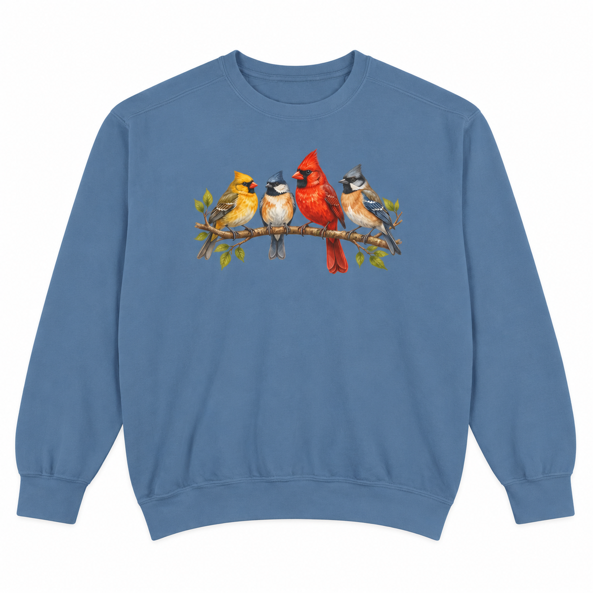 Front view of a Blue Jean Comfort Colors 1566 crewneck sweatshirt with four colorful songbirds — cardinal pair, chickadee and bluebird — on a leafy branch printed on the chest, no text, laid flat