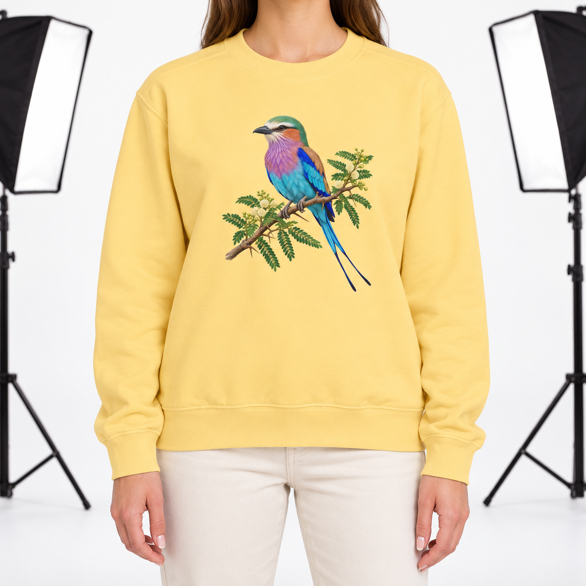 Woman wearing the Lilac-Breasted Roller on Acacia sweatshirt in Butter