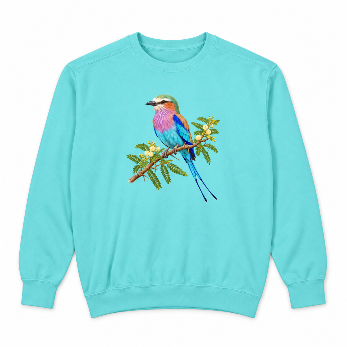 Lilac-Breasted Roller on Acacia sweatshirt in Chalky Mint, flat view