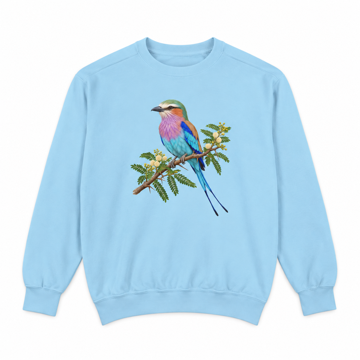 Lilac-Breasted Roller on Acacia sweatshirt in Chambray, flat view of the garment-dyed Comfort Colors 1566 crewneck