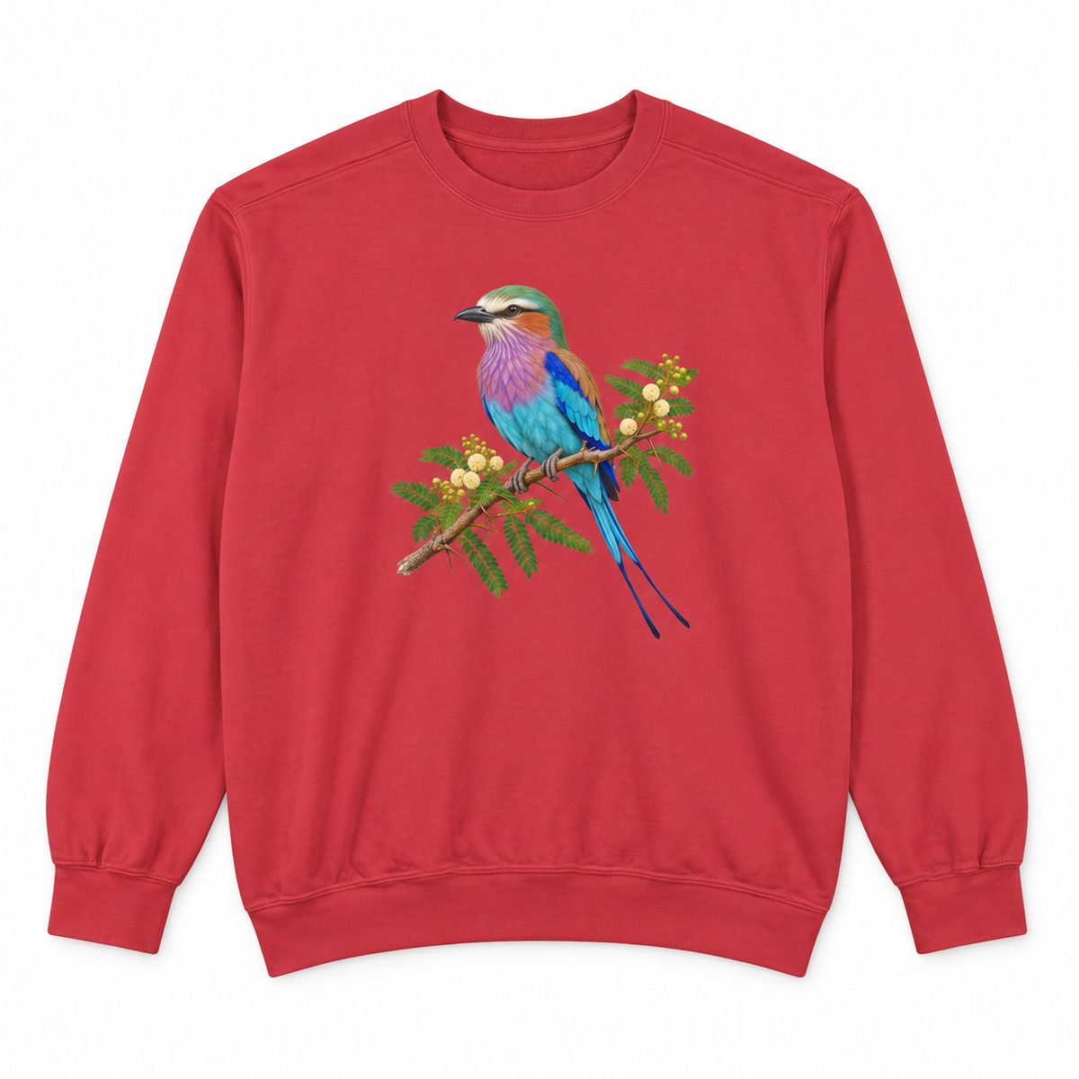 Lilac-Breasted Roller on Acacia sweatshirt in Crimson, flat view