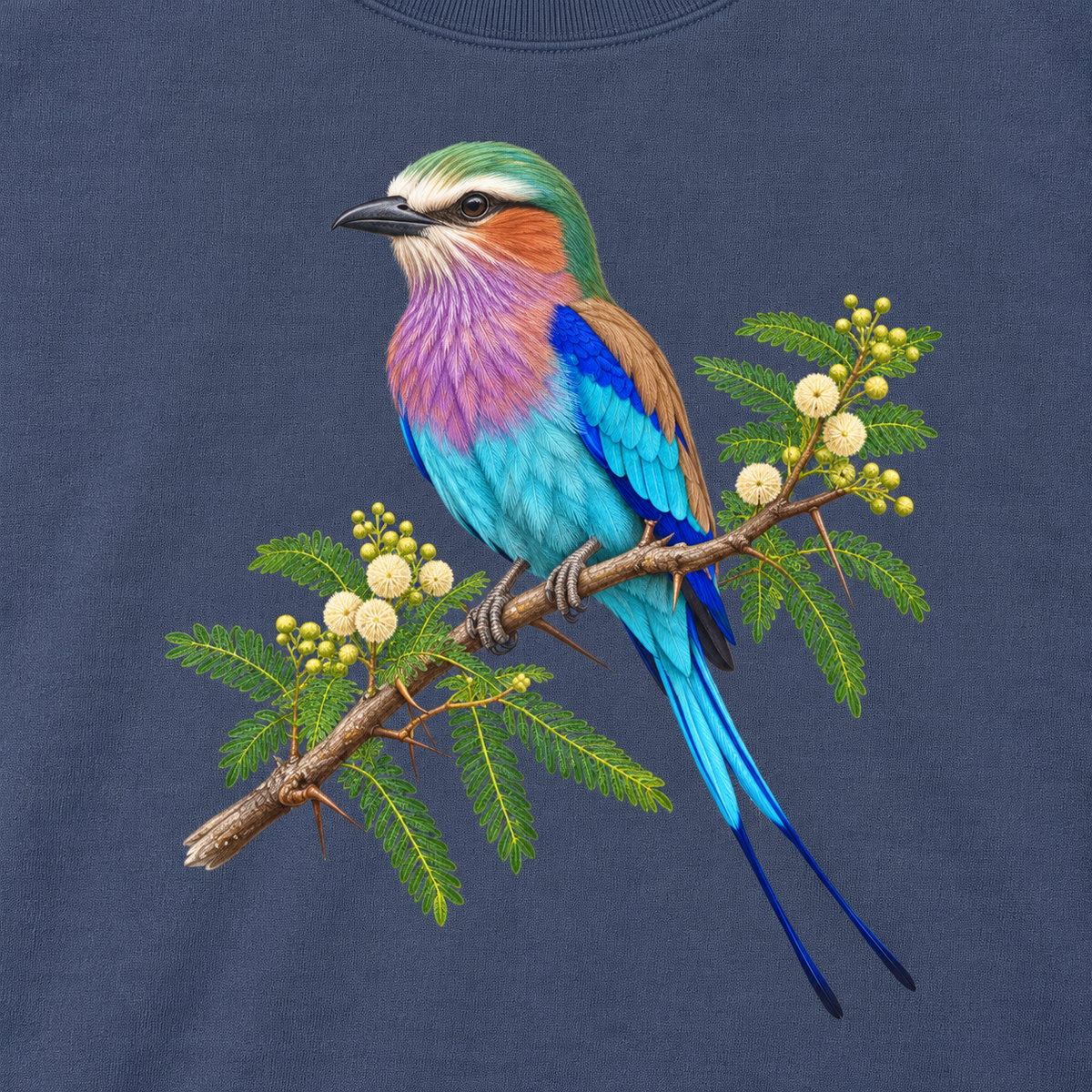 Close-up of the lilac-breasted roller print on Denim fleece, showing the lilac breast, turquoise belly, long tail streamers and acacia blossoms