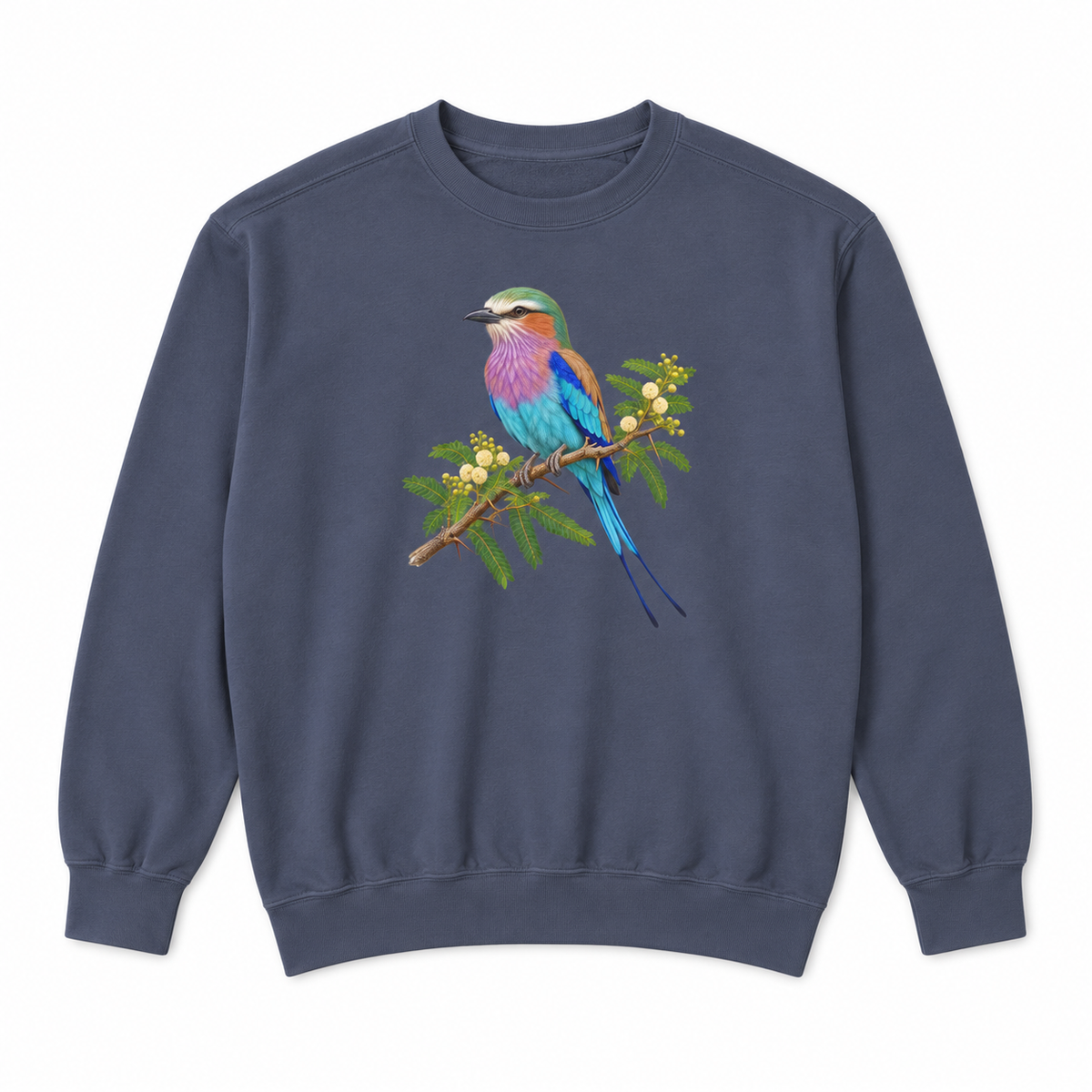 Lilac-Breasted Roller on Acacia sweatshirt in Denim, flat view