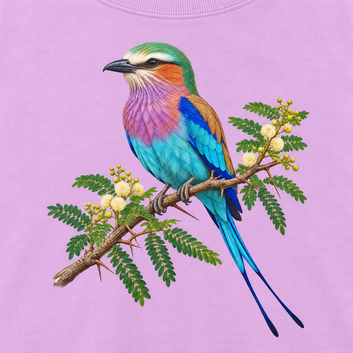 Close-up of the lilac-breasted roller and acacia print on Orchid fleece