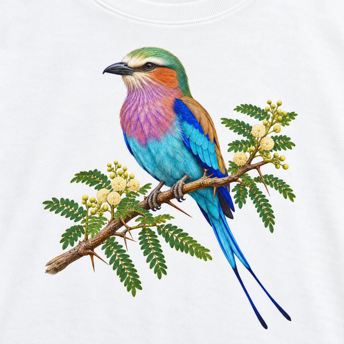 Close-up of the lilac-breasted roller and acacia print on White fleece