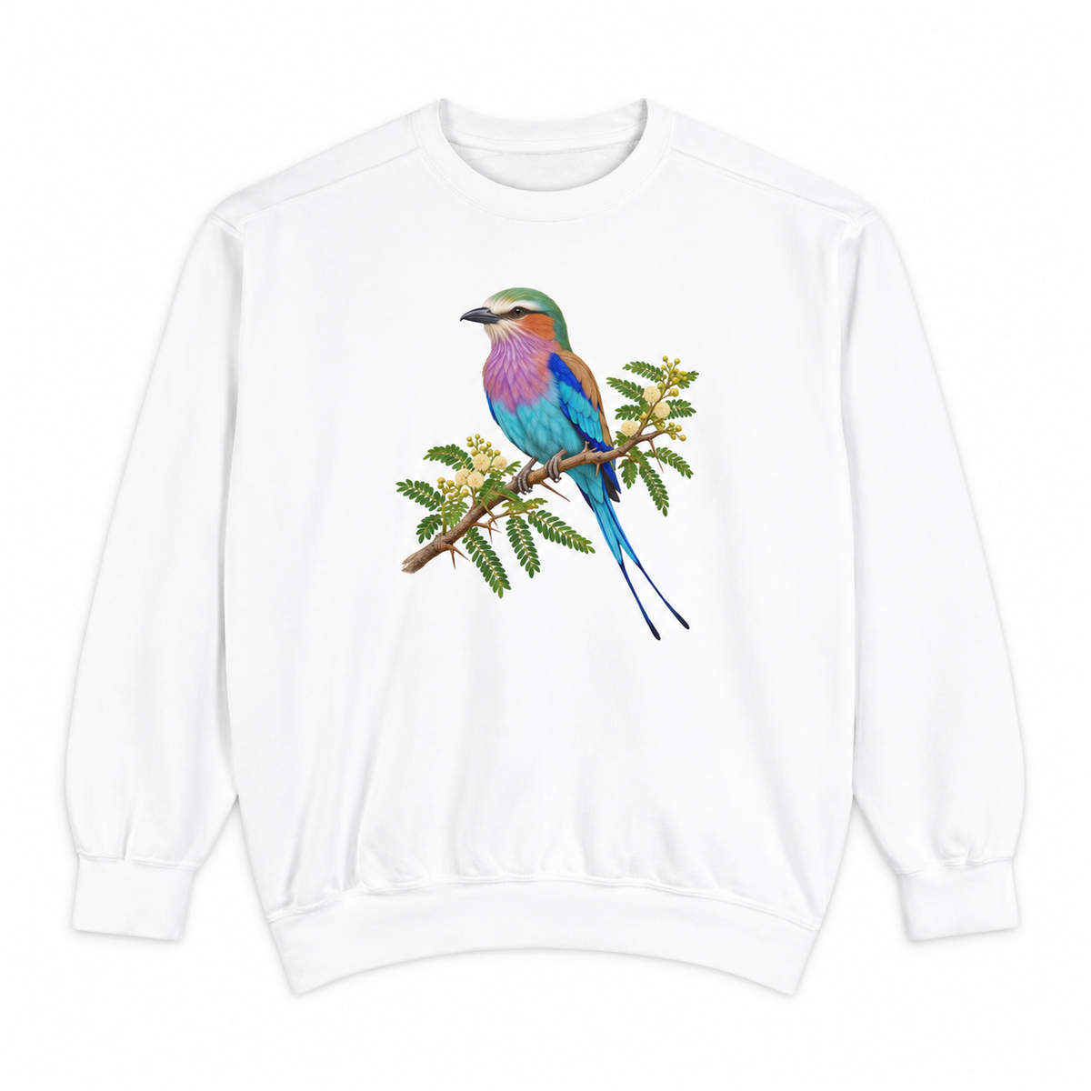 Lilac-Breasted Roller on Acacia sweatshirt in White, flat view