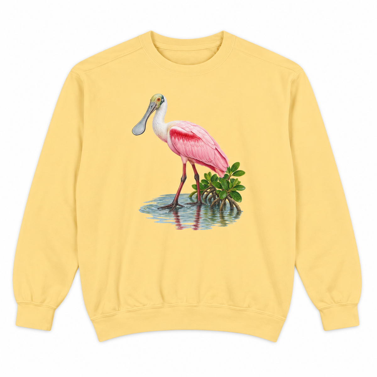 Front view of a Butter Comfort Colors 1566 crewneck sweatshirt with a pink roseate spoonbill in mangrove shallows printed on the chest, no text, laid flat