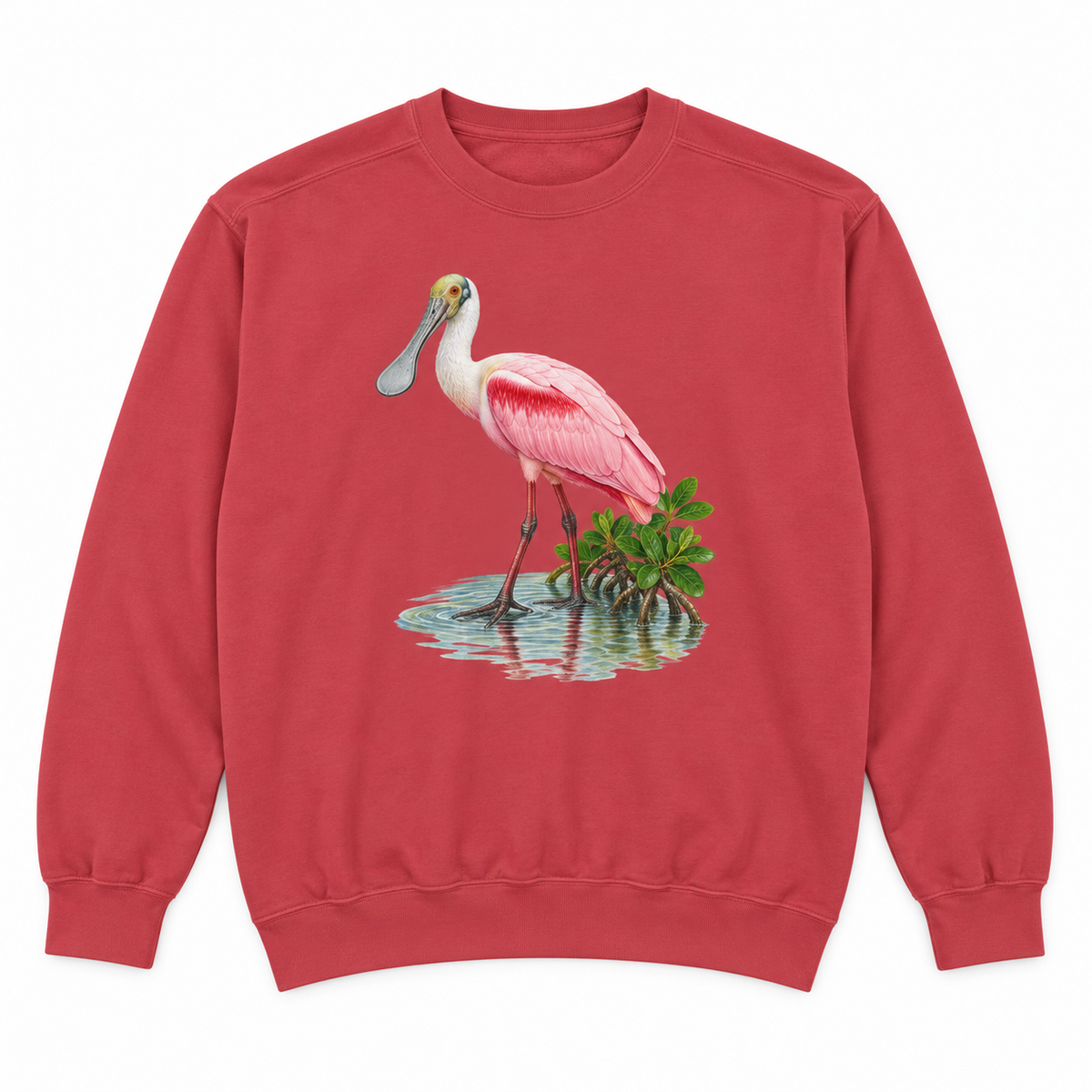 Front view of a Crimson Comfort Colors 1566 crewneck sweatshirt with a pink roseate spoonbill in mangrove shallows printed on the chest, no text, laid flat