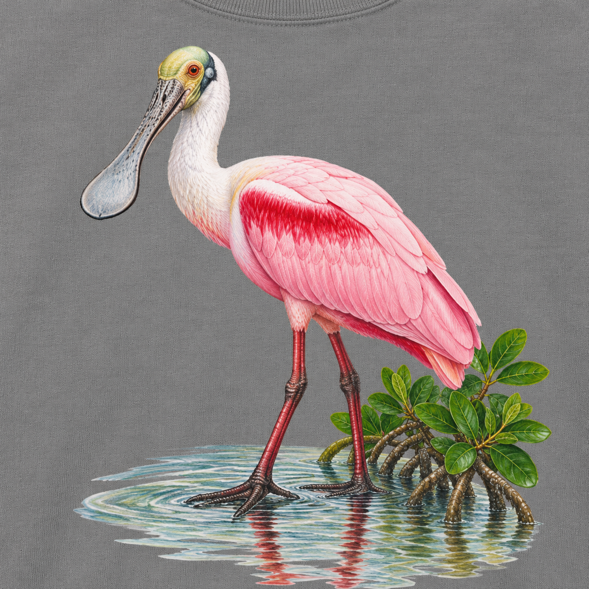Close-up of the roseate spoonbill print on a Grey garment-dyed sweatshirt, no text
