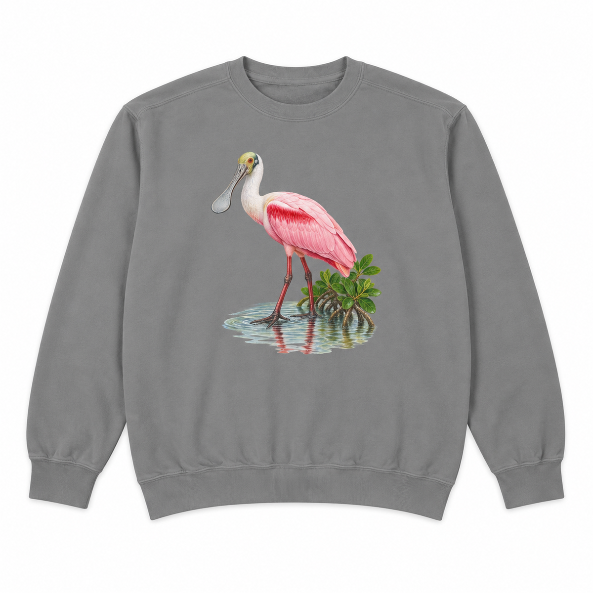 Front view of a Grey Comfort Colors 1566 crewneck sweatshirt with a pink roseate spoonbill in mangrove shallows printed on the chest, no text, laid flat