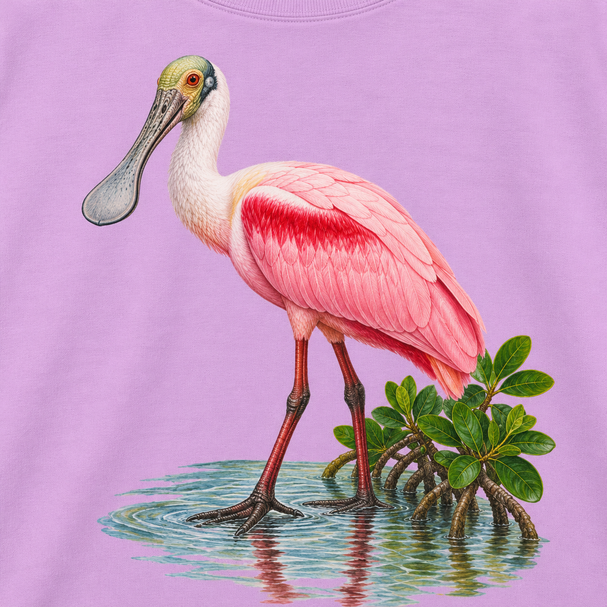 Close-up of the roseate spoonbill print on an Orchid garment-dyed sweatshirt, no text
