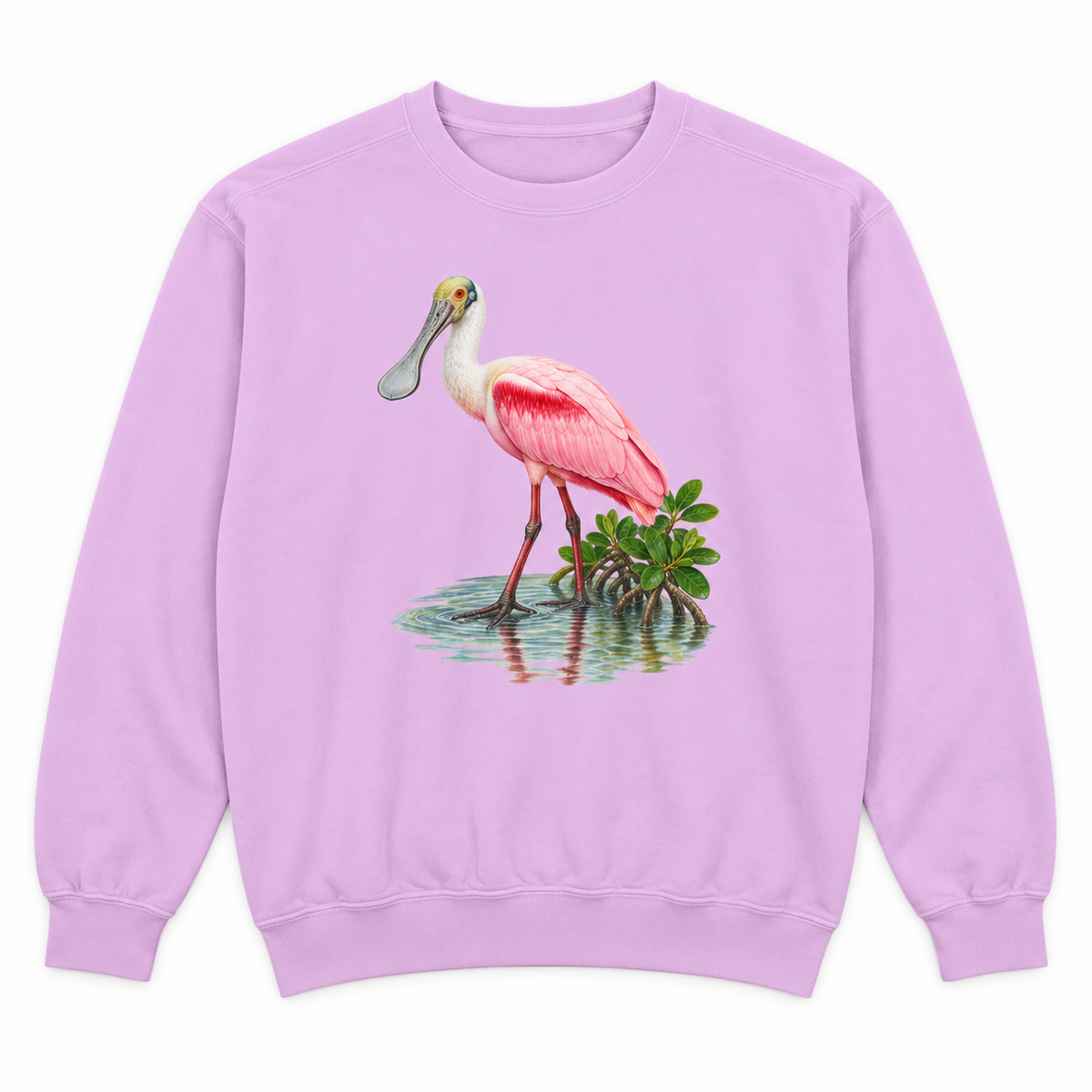 Front view of an Orchid Comfort Colors 1566 crewneck sweatshirt with a pink roseate spoonbill in mangrove shallows printed on the chest, no text, laid flat